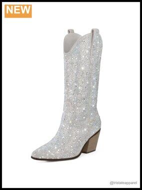Women's Rhinestone Mid Calf Boots Sparkly Block Heel Cowboy Glitter Boots Party